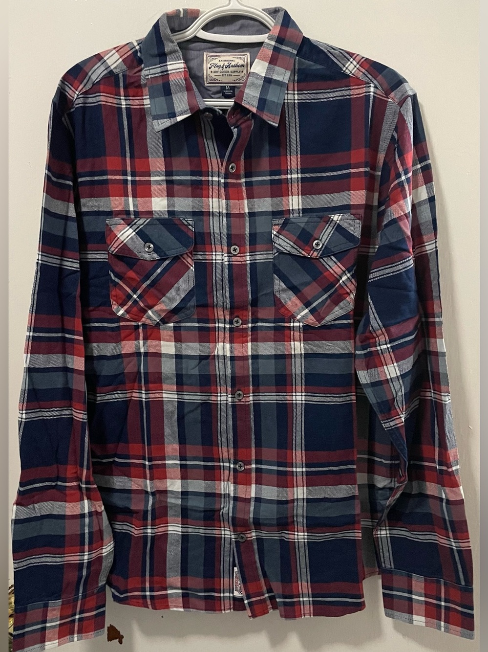 Flag & Anthem Men’s Red Navy White Long Sleeve Button-Up Plaid Shirt Size Medium